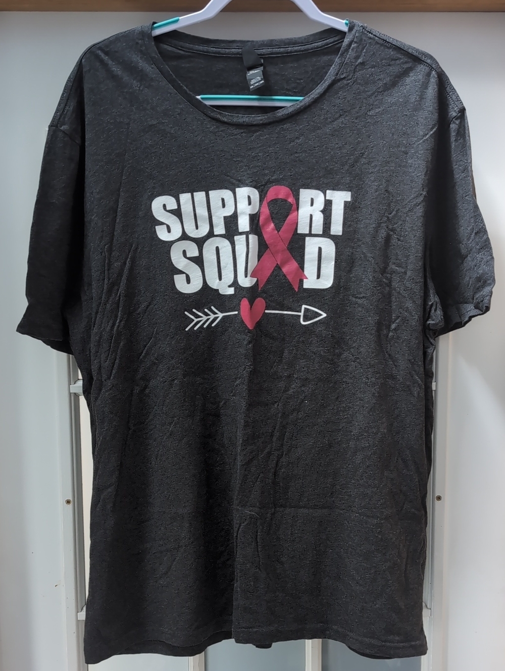 District Charcoal Gray Tee with Pink Awareness Ribbon - Support Squad Graphic